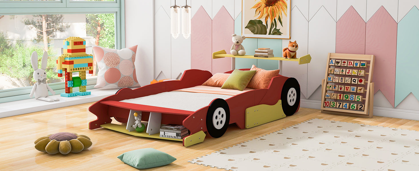 Full Size Race Car Shaped Platform Bed With Wheels,Red Red Plywood