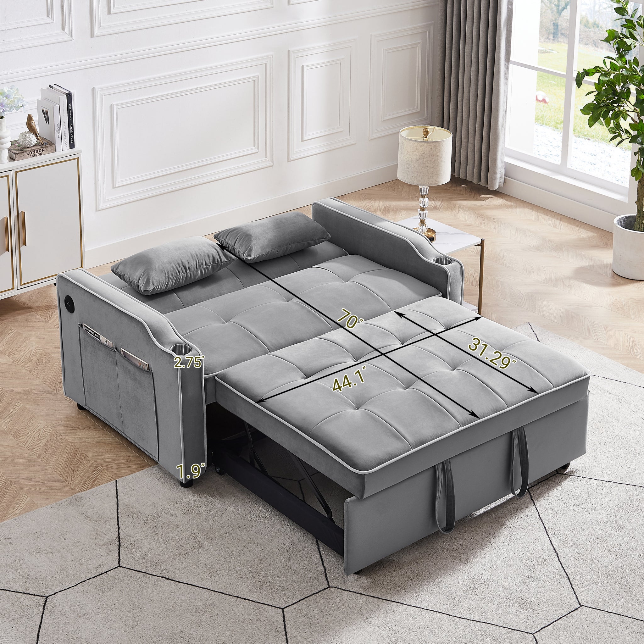 Sofa Bed, 3 in 1 Convertible Sofa Chair Bed gray-velvet