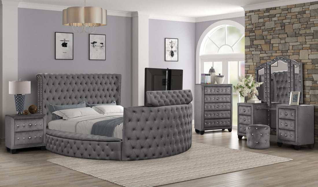 Maya Crystal Tufted Queen 5 Pc Vanity Bedroom Set Made With Wood In Gray Box Spring Not Required Queen Gray Wood 5 Piece Set Bedroom Contemporary,Modern Upholstered Velvet Tufted Wood