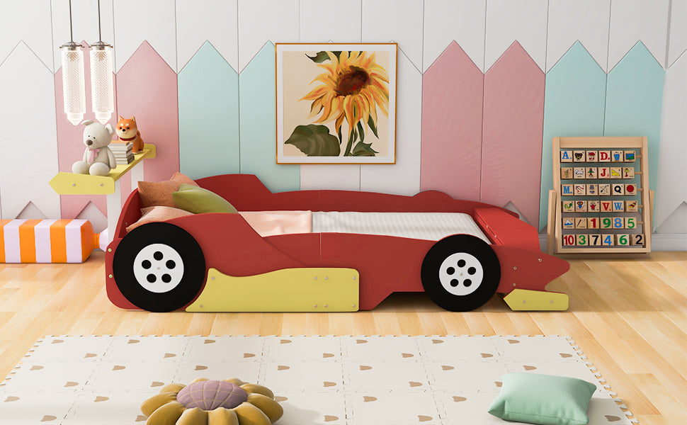 Full Size Race Car Shaped Platform Bed With Wheels,Red Red Plywood