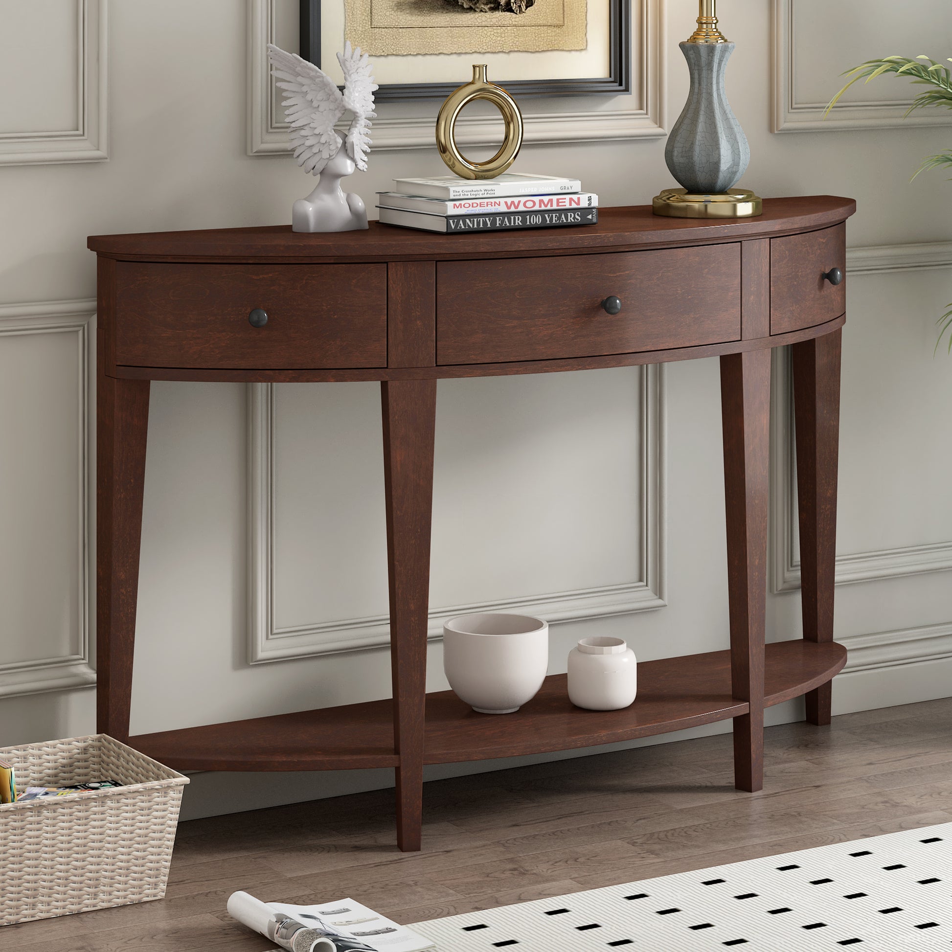 Modern Curved Console Table Sofa Table With 3 Drawers And 1 Shelf For Hallway, Entryway, Living Room Espresso Solid Wood Mdf