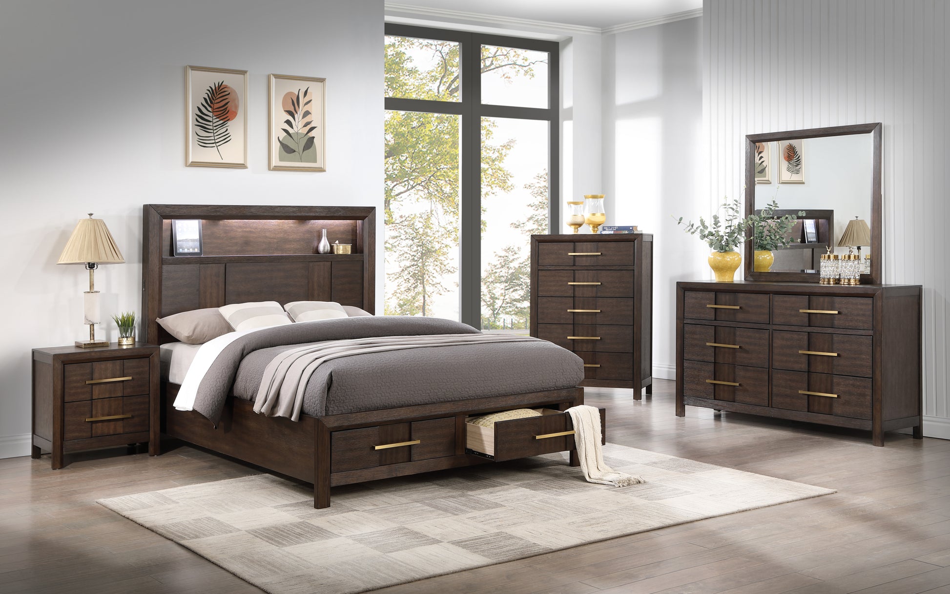 Kenzo Modern Style King 5Pc Storage Bedroom Set Made With Wood, Led Headboard, Bluetooth Speakers & Usb Ports Walnut Box Spring Not Required King Walnut Wood 5 Piece Set Bedroom Bed Included,Chest Included,Dresser Included,Mirror Included,Nightstand