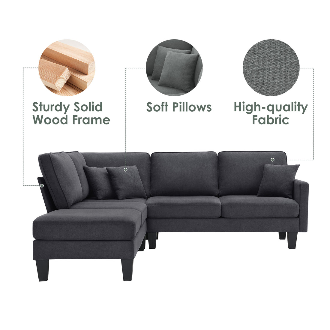 90*88" Terrycloth Modern Sectional Sofa,5 Seat Practical Couch Set With Chaise Lounge,L Shape Minimalist Indoor Furniture With 3 Pillows For Living Room,Apartment,Office, 3 Colors Grey Fabric