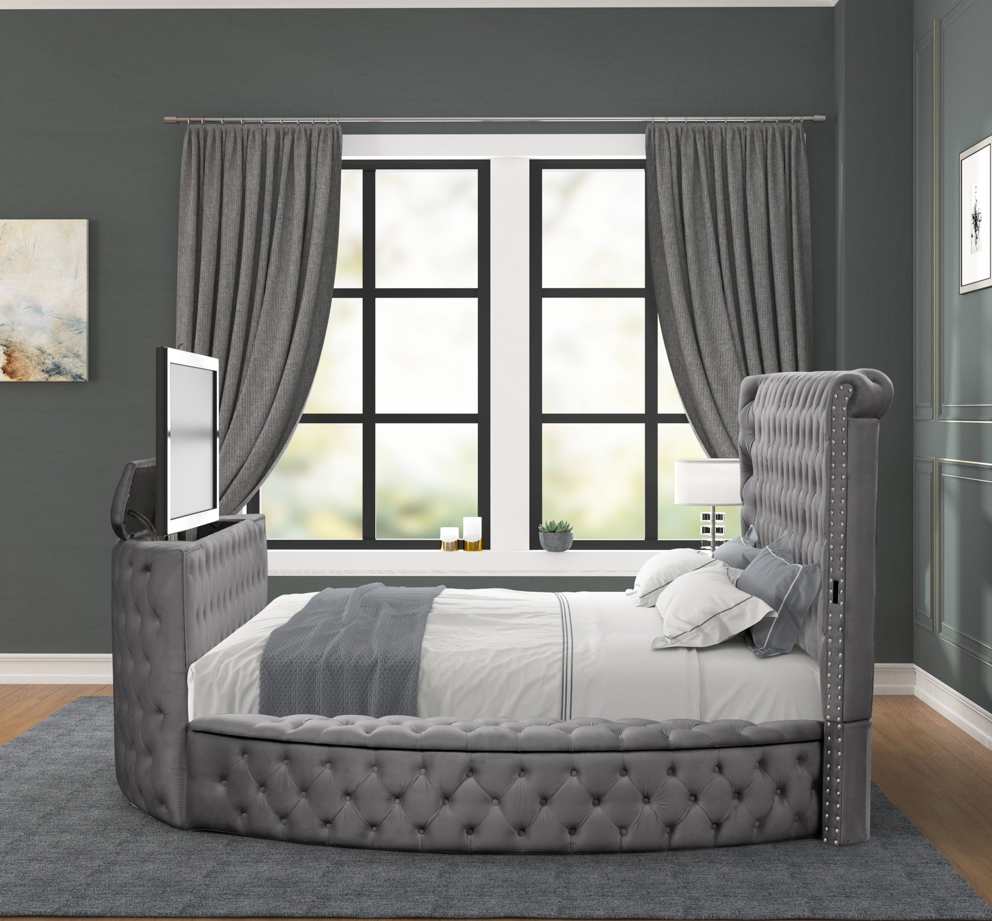 Maya Crystal Tufted Queen 5 Pc Vanity Bedroom Set Made With Wood In Gray Box Spring Not Required Queen Gray Wood 5 Piece Set Bedroom Contemporary,Modern Upholstered Velvet Tufted Wood