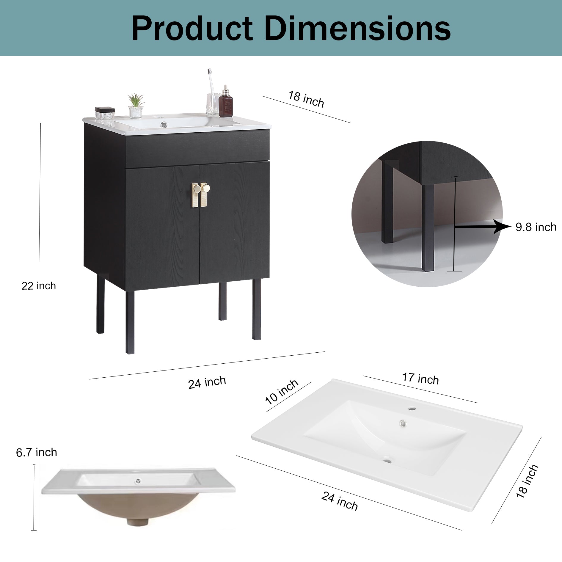 24" Bathroom Vanity with Metal Leg,with White Ceramic black-solid wood