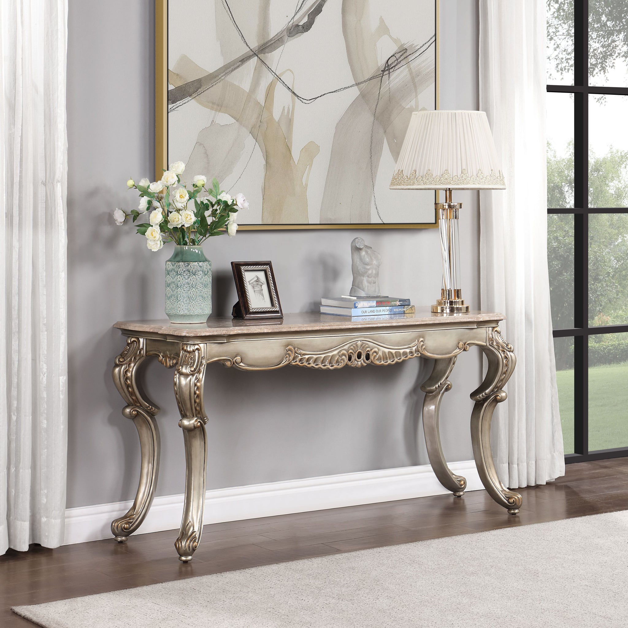 Miliani Sofa Table, Natural Marble & Antique Bronze Finish Lv01785 Antique Bronze Marble