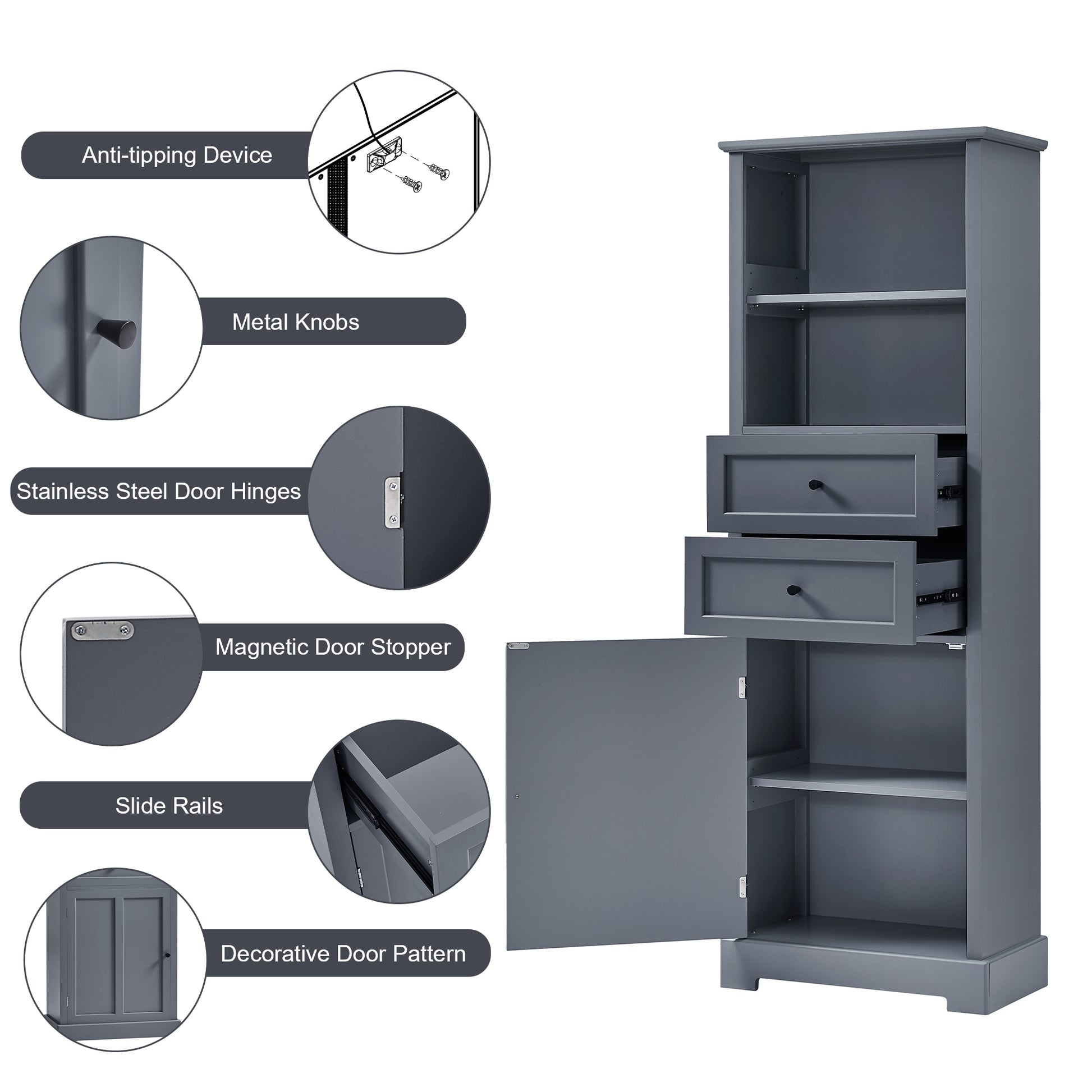 Bathroom Storage Cabinet, Tall Storage Cabinet With Two Drawers, Open Storage, Adjustable Shelf, Grey Grey Mdf