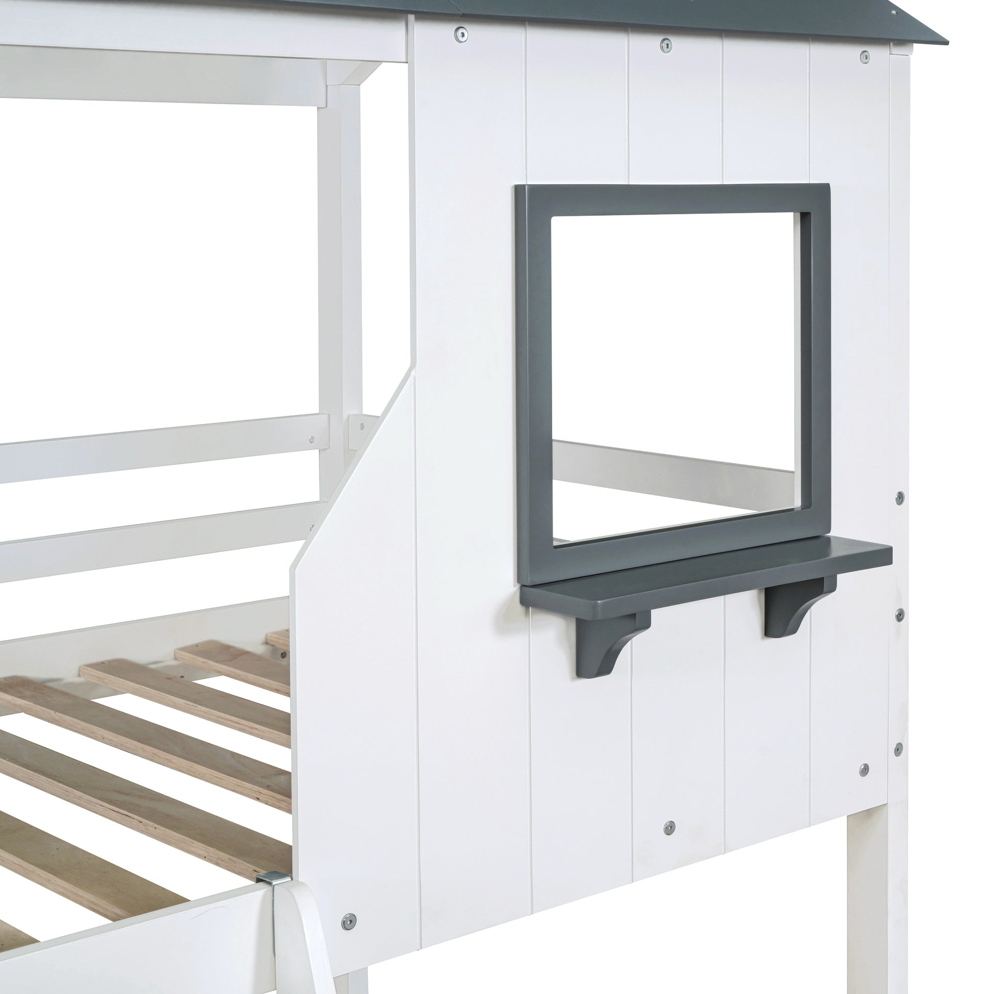 Twin Over Twin Bunk Bed Wood Bed With Roof, Window, Guardrail, Ladder White Old Sku :Lt000045Aak White Solid Wood