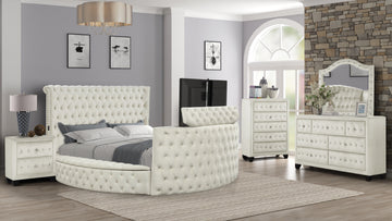 Maya Modern Style Crystal Tufted King 5Pc Bed Room Set Made With Wood In Cream Box Spring Not Required King Cream Wood 5 Piece Set Bedroom Bed Included,Chest Included,Dresser Included,Mirror Included,Nightstand Included Contemporary,Modern Upholstered