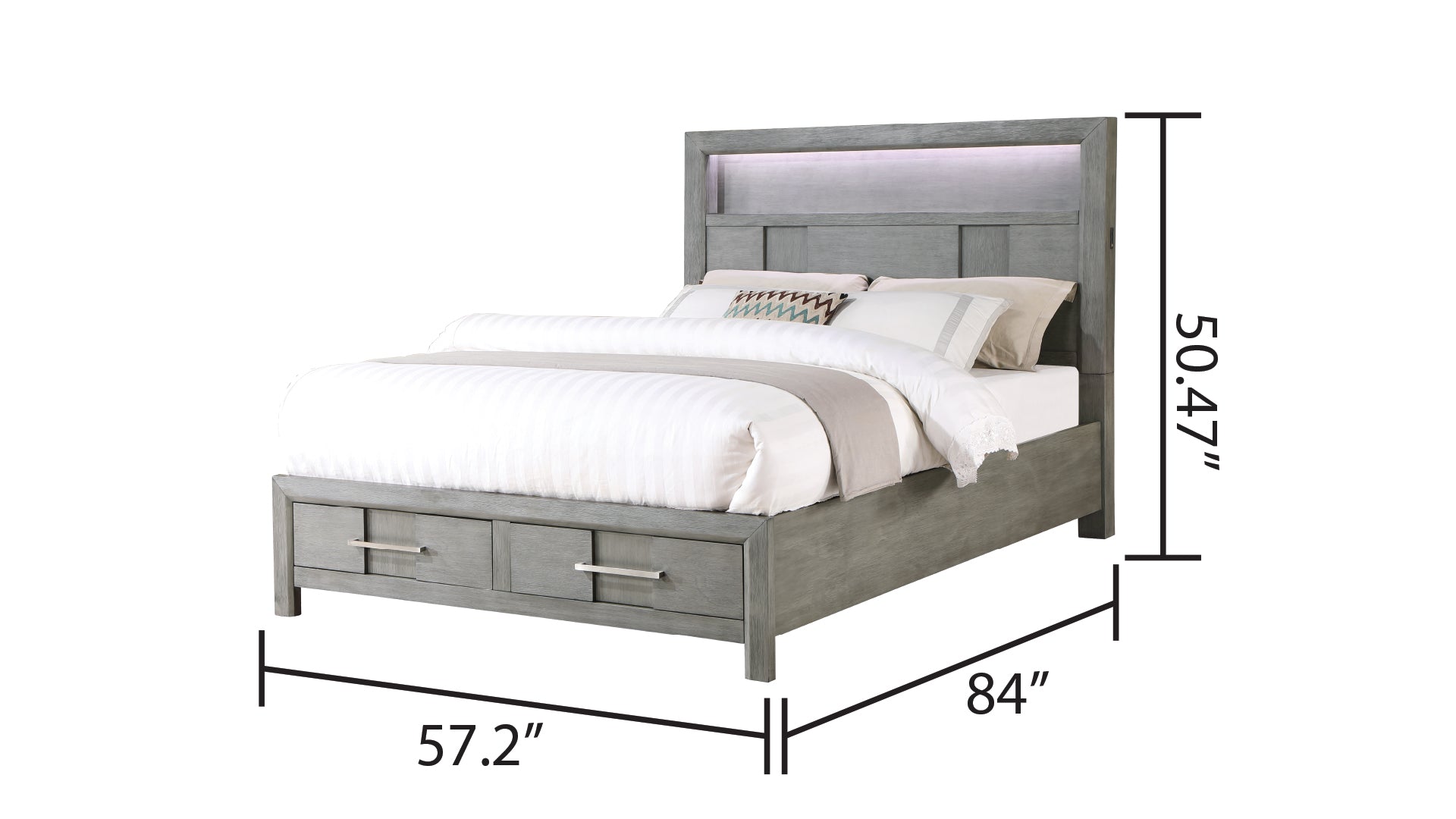 Modern Style Full Bed Made With Wood & Led Headboard With Bookshelf In Gray Box Spring Not Required Full Gray Wood Bedroom Contemporary,Modern Slat Beds Solid Wood Mdf Wood