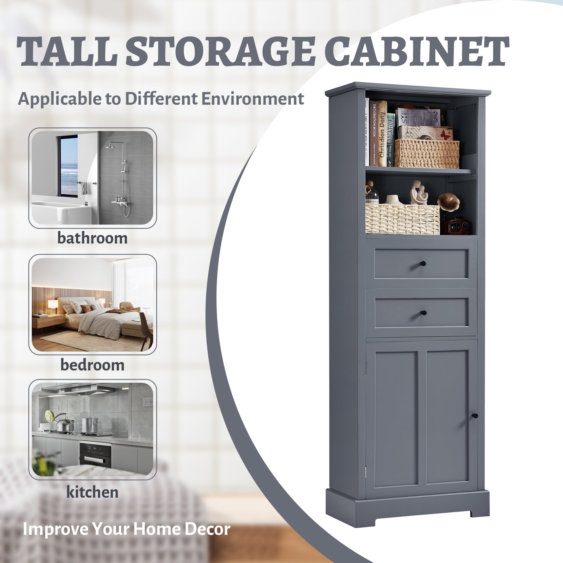 Bathroom Storage Cabinet, Tall Storage Cabinet with grey-mdf