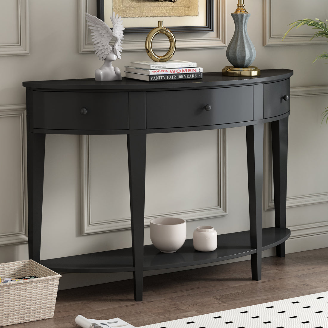 Modern Curved Console Table Sofa Table With 3 Drawers And 1 Shelf For Hallway, Entryway, Living Room Black Solid Wood Mdf