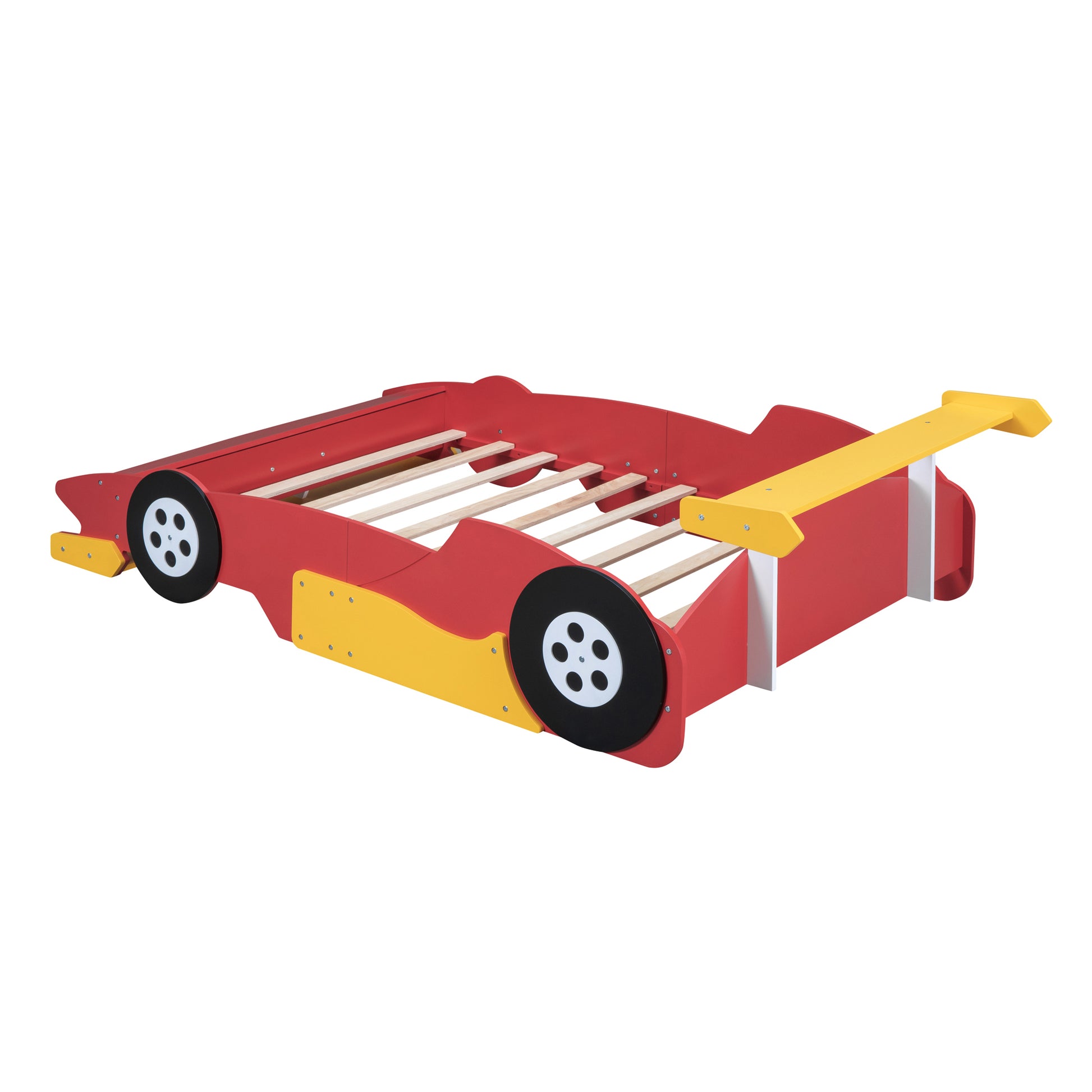 Full Size Race Car Shaped Platform Bed With Wheels,Red Red Plywood