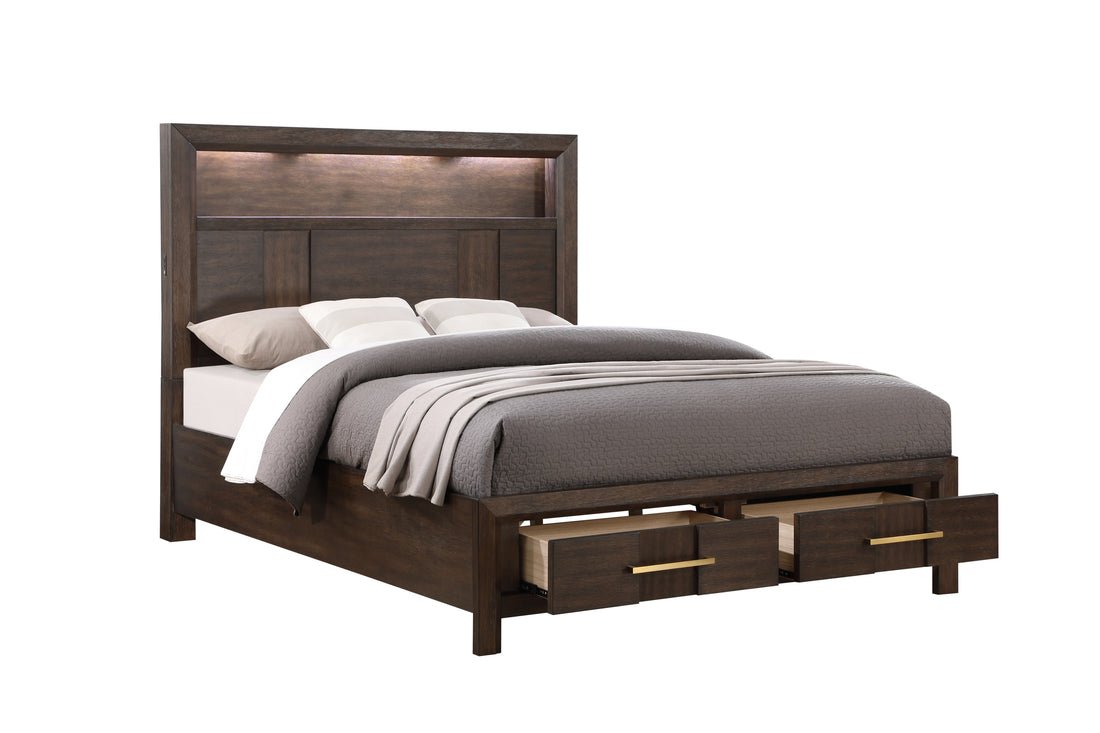 Kenzo Modern Style Queen Bed Made With Wood & Led Headboard With Bookshelf In Walnut Box Spring Not Required Queen Walnut Wood Bedroom Contemporary,Modern Slat Beds Solid Wood Mdf Wood