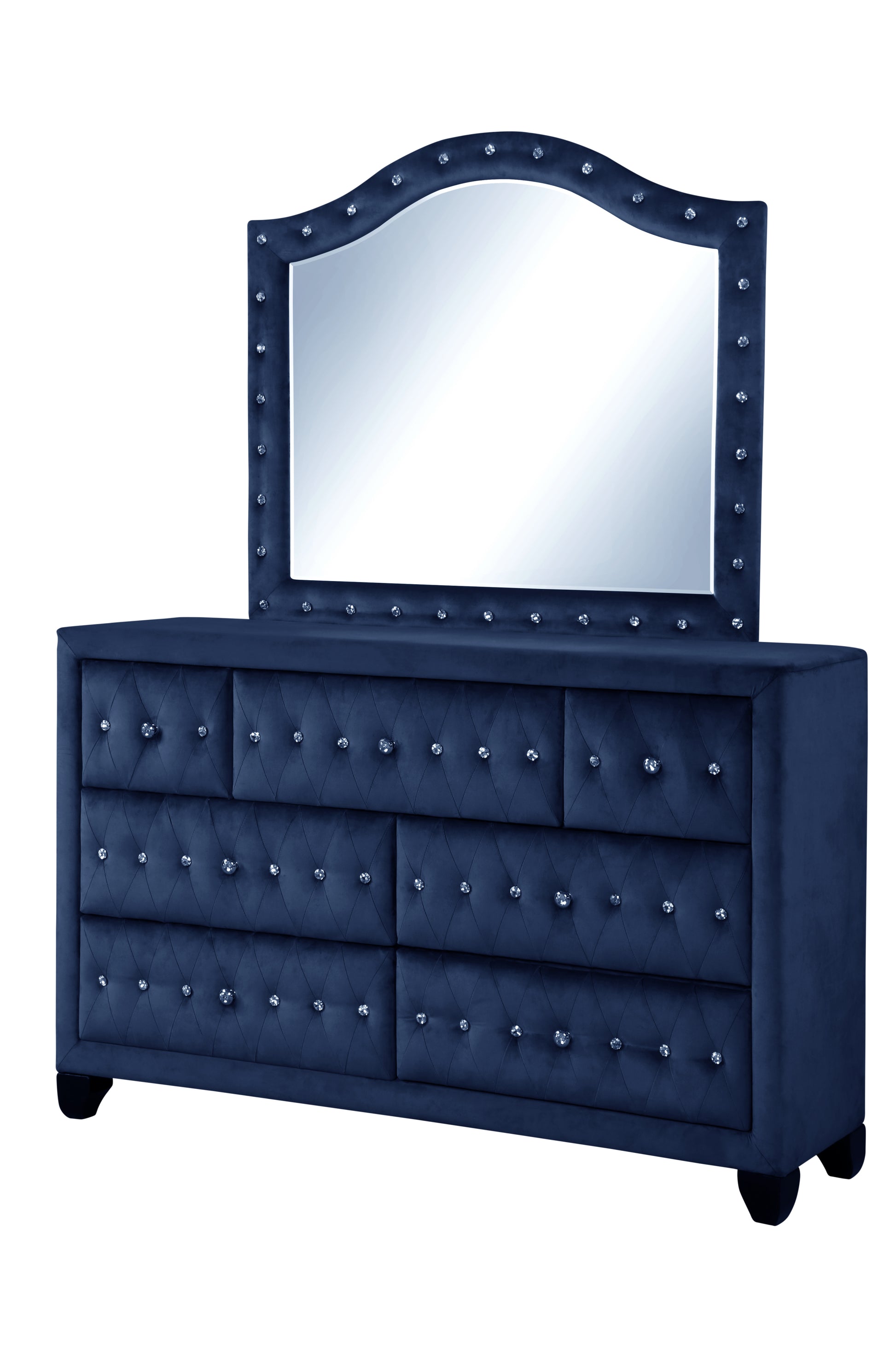 Sophia Modern Style Crystal Tufted Upholstery 7 Drawer Dresser Finished With Velvet Fabric Made With Wood In Blue Blue Bedroom Contemporary,Modern Acacia Solid Wood Mdf Wood