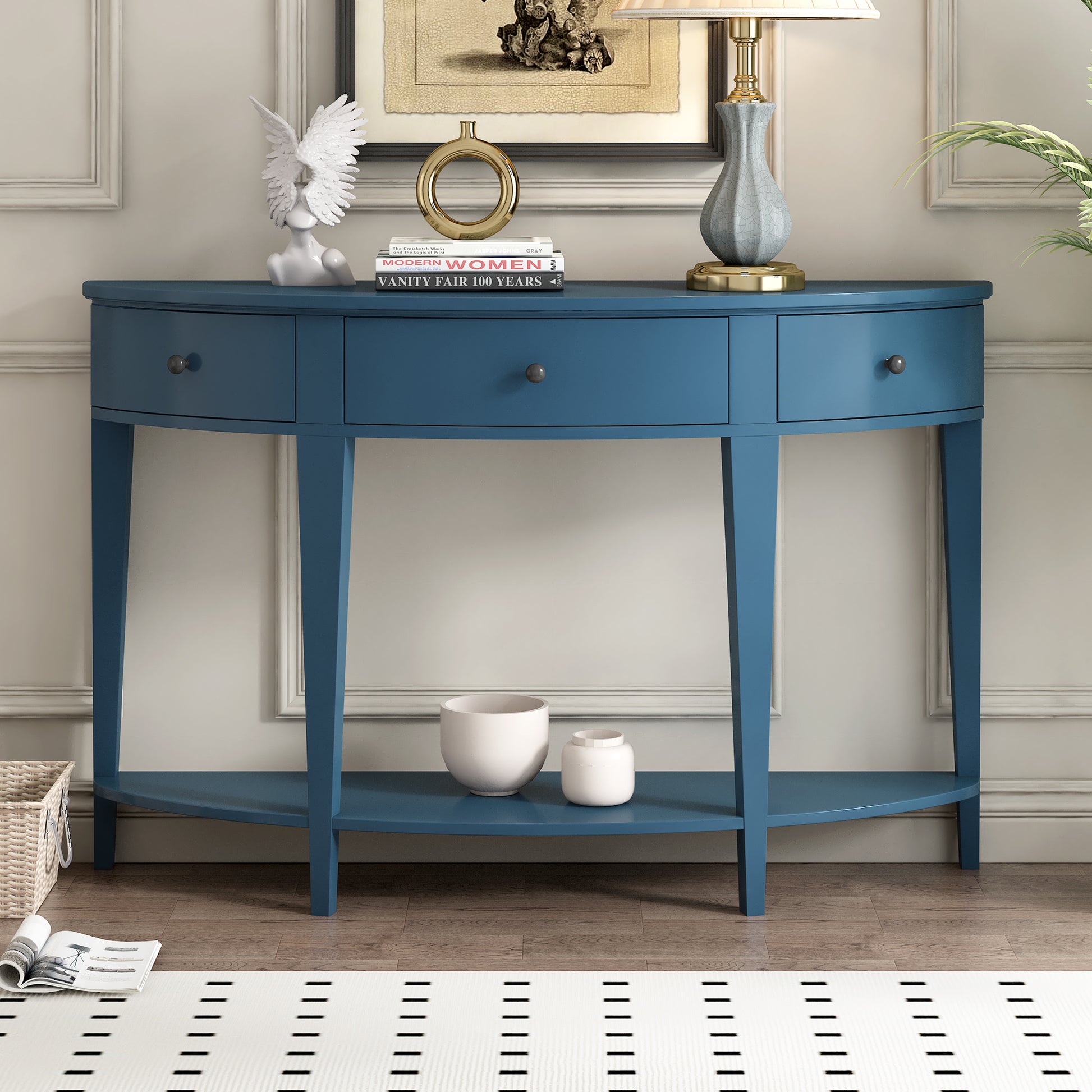 Modern Curved Console Table Sofa Table With 3 Drawers And 1 Shelf For Hallway, Entryway, Living Room Navy Blue Solid Wood Mdf