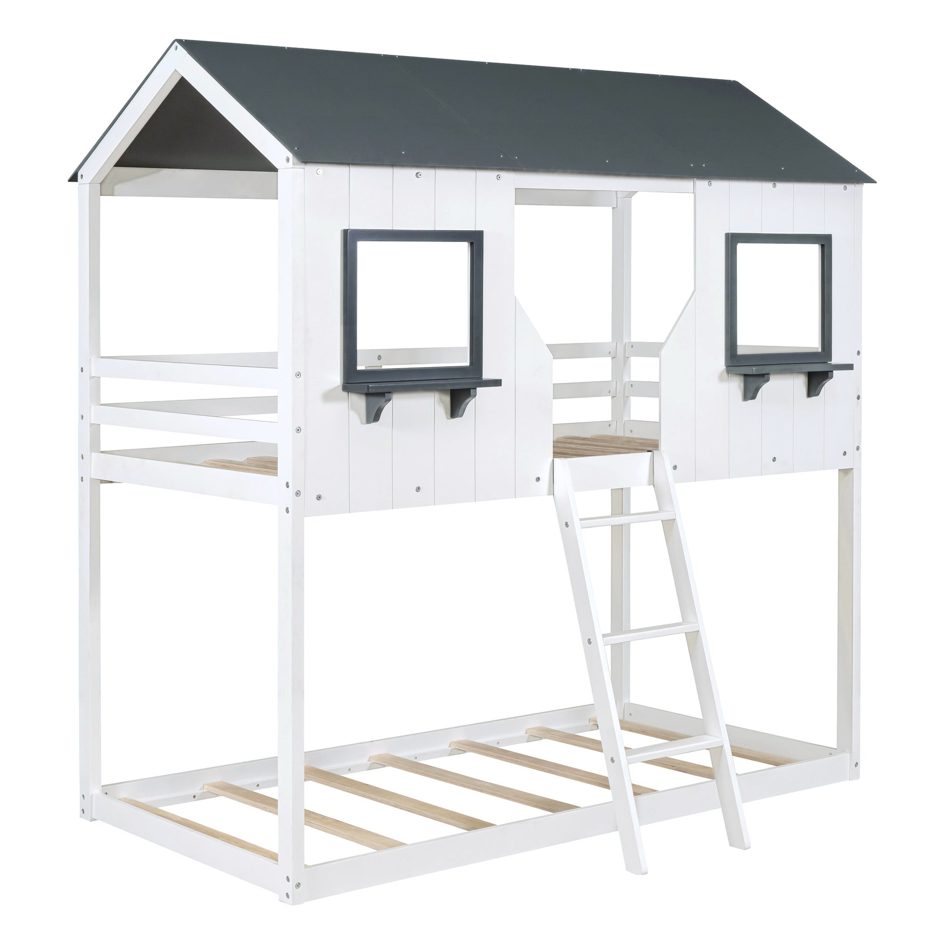 Twin Over Twin Bunk Bed Wood Bed With Roof, Window, Guardrail, Ladder White Old Sku :Lt000045Aak White Solid Wood