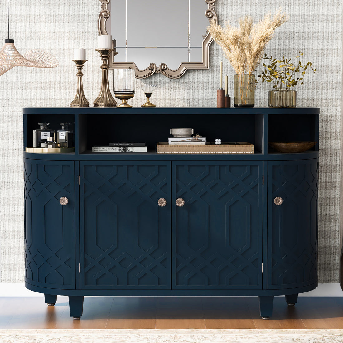 Curved Design Storage Cabinet Made Of Fraxinus Mandschuric Solid Wood Veneer, Featuring Four Doors And Adjustable Shelves, Suitable For Corridors, Entrances And Study. 3 4 Shelves Navy Blue Mdf