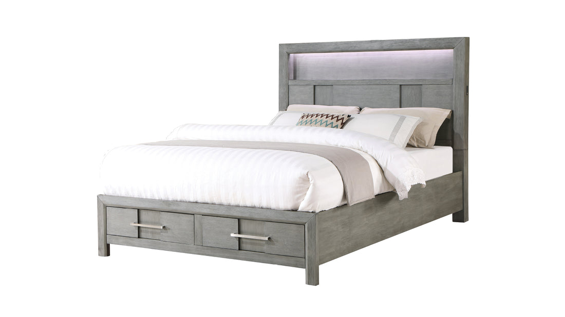 Modern Style Queen 5Pc Storage Bedroom Set Made With Wood, Led Headboard, Bluetooth Speakers & Usb Ports Grey Box Spring Not Required Queen Gray Wood 5 Piece Set Bedroom Bed Included,Chest Included,Dresser Included,Mirror Included,Nightstand Included