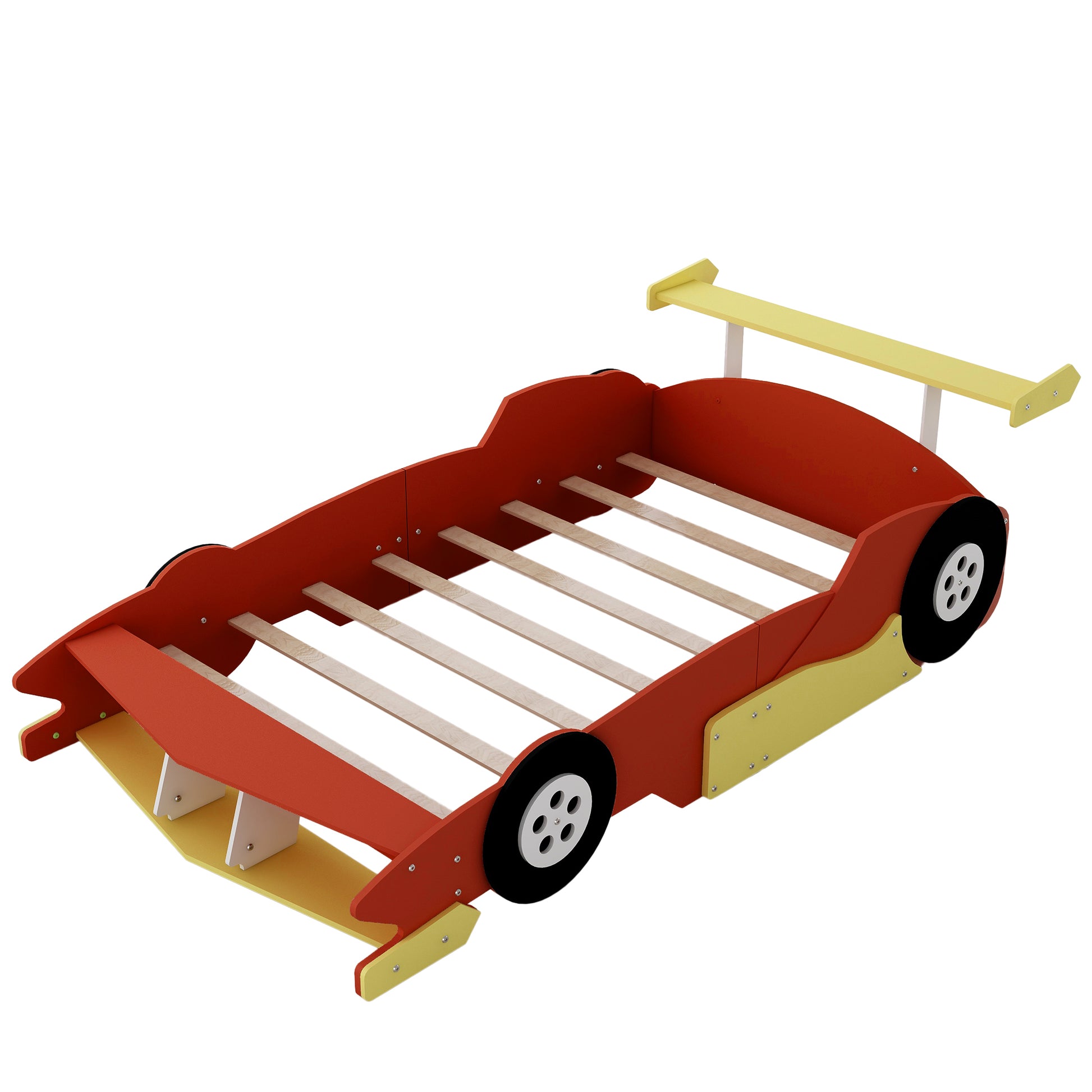 Full Size Race Car Shaped Platform Bed With Wheels,Red Red Plywood