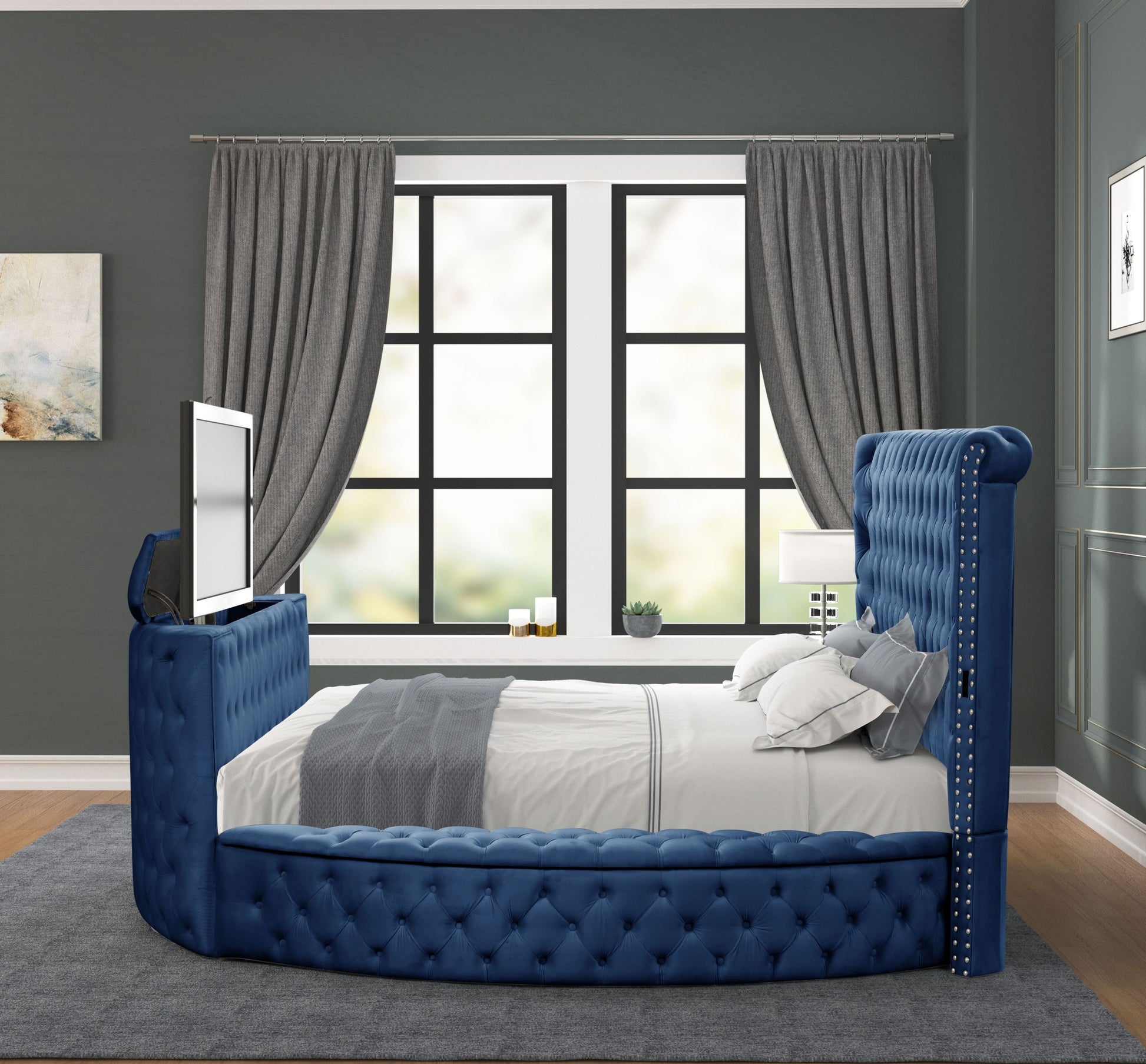 Maya Modern Style Crystal Tufted King 5Pc Bed Room Set Made With Wood In Blue Box Spring Not Required King Blue Wood 5 Piece Set Bedroom Bed Included,Chest Included,Dresser Included,Mirror Included,Nightstand Included Modern Upholstered Tufted Wood