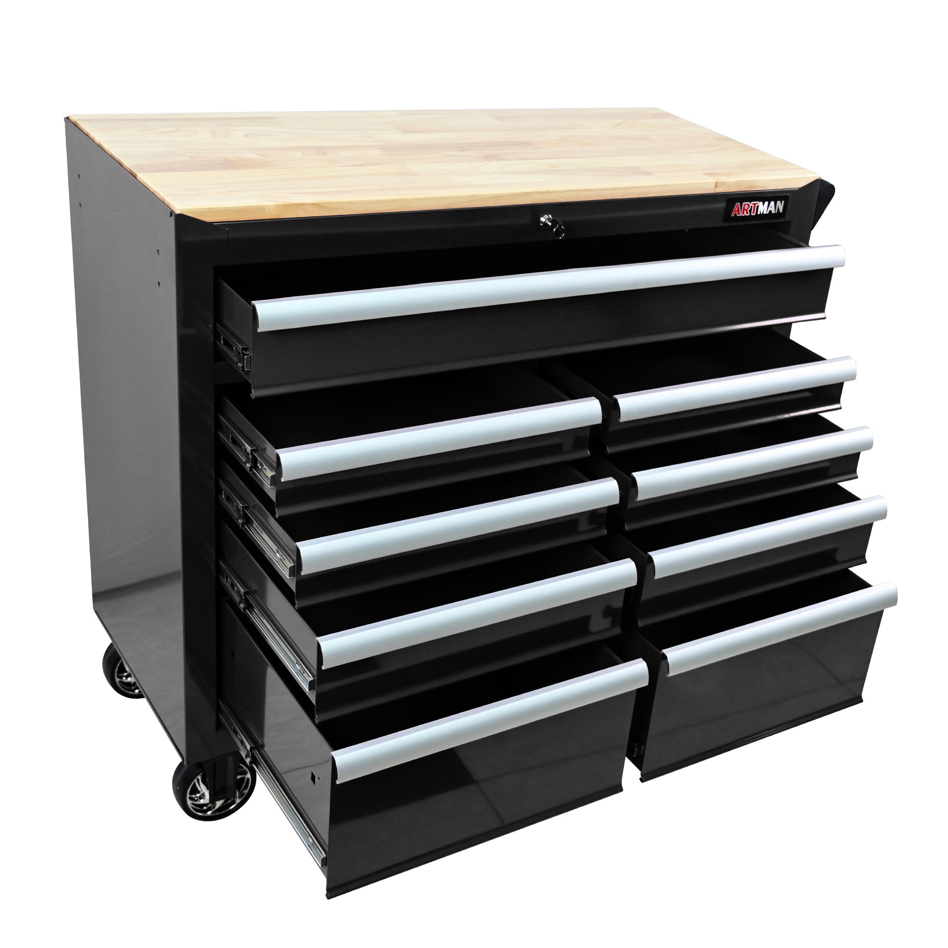 9 Drawers Multifunctional Tool Cart With Wheels And Wooden Top Black Steel