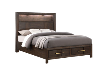 Modern Style Full Bed Made With Wood & Led Headboard With Bookshelf In Walnut Box Spring Not Required Full Walnut Wood Bedroom Contemporary,Modern Slat Beds Solid Wood Mdf Wood