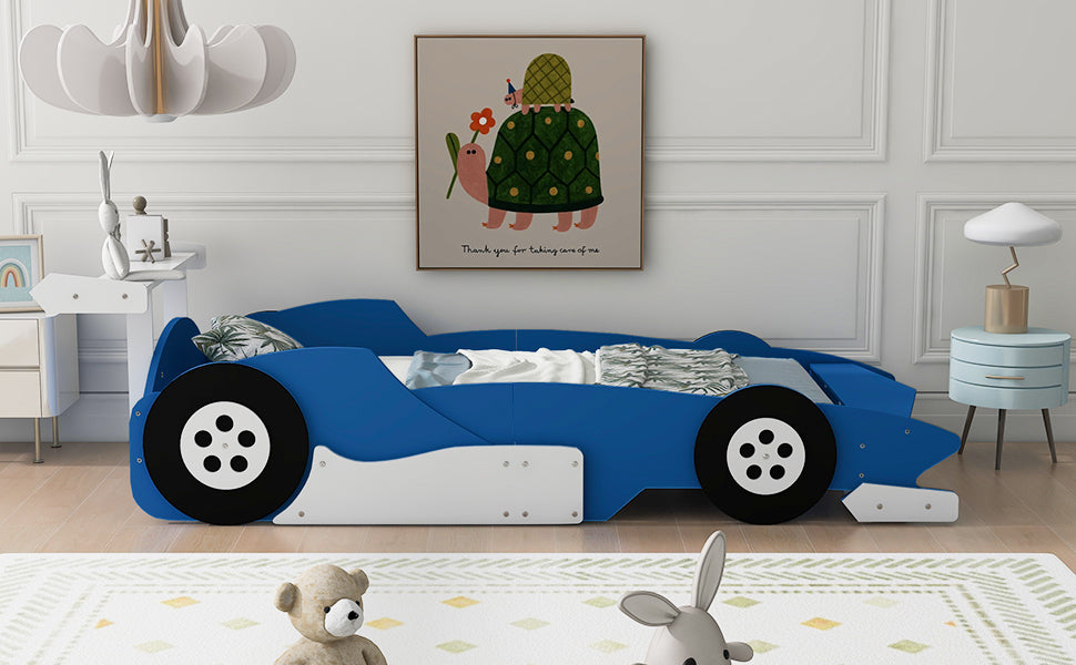 Twin Size Race Car Shaped Platform Bed With Wheels,Blue Blue Plywood