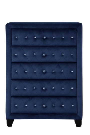 Sophia Modern Style Crystal Tufted Upholstery 5 Drawer Chest Finished With Velvet Fabric Made With Wood In Blue Blue Bedroom Contemporary,Modern Wood