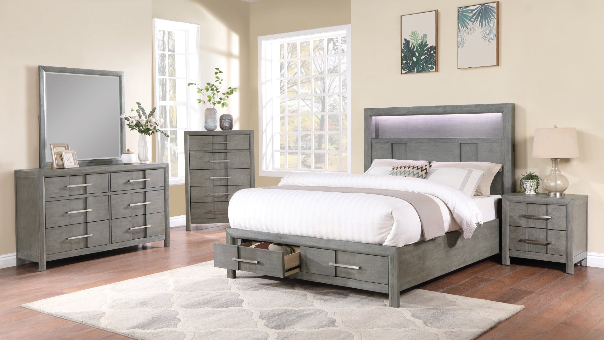 Modern Style King 5Pc Storage Bedroom Set Made With Wood, Led Headboard, Bluetooth Speakers & Usb Ports Grey Box Spring Not Required King Gray Wood 5 Piece Set Bedroom Bed Included,Chest Included,Dresser Included,Mirror Included,Nightstand Included