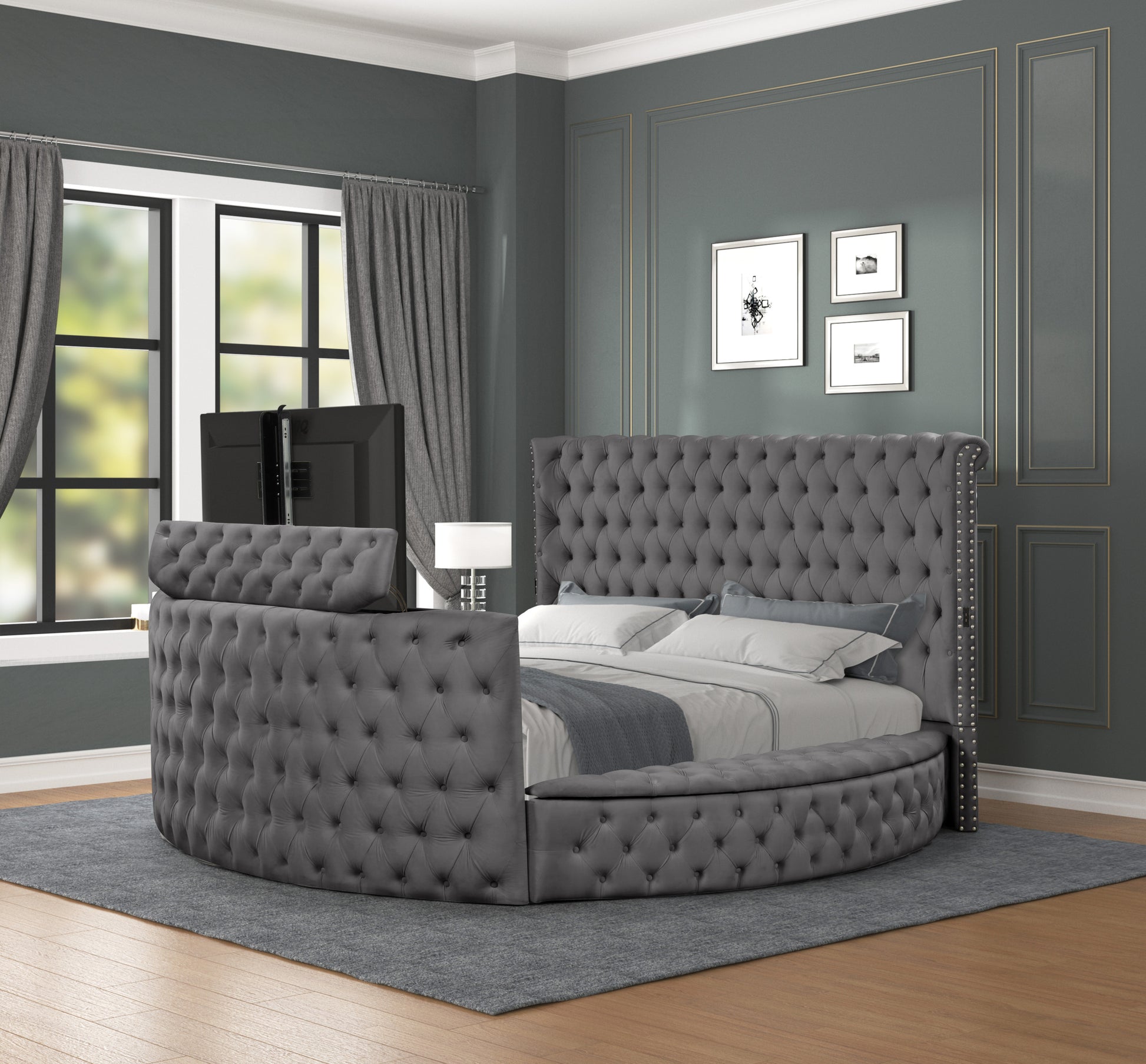 Maya Crystal Tufted King 5 Pc Vanity Bedroom Set Made With Wood In Gray Box Spring Not Required King Gray Wood 5 Piece Set Bedroom Contemporary,Modern Upholstered Velvet Tufted Wood