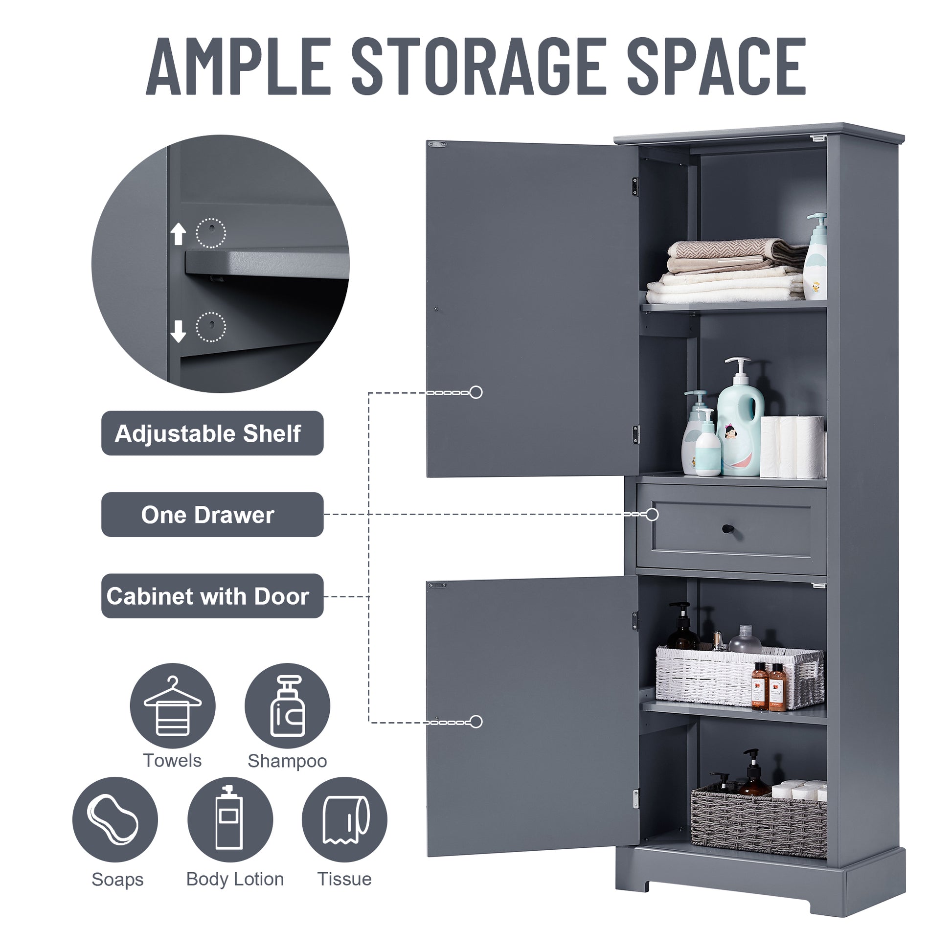 Bathroom Storage Cabinet, Tall Storage Cabinet with grey-mdf