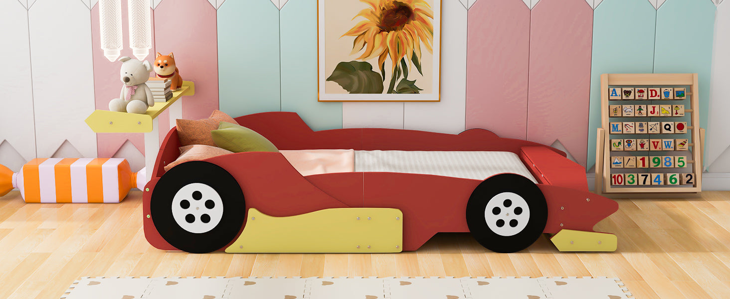 Full Size Race Car Shaped Platform Bed With Wheels,Red Red Plywood