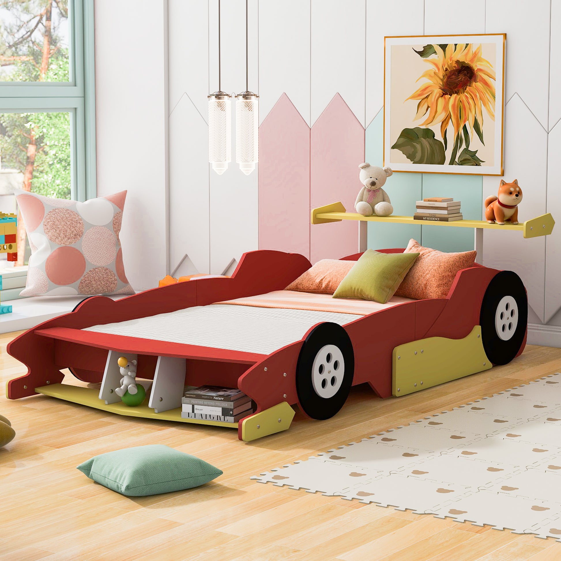 Full Size Race Car Shaped Platform Bed With Wheels,Red Red Plywood