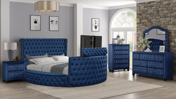 Maya Modern Style Crystal Tufted King 5Pc Bed Room Set Made With Wood In Blue Box Spring Not Required King Blue Wood 5 Piece Set Bedroom Bed Included,Chest Included,Dresser Included,Mirror Included,Nightstand Included Modern Upholstered Tufted Wood