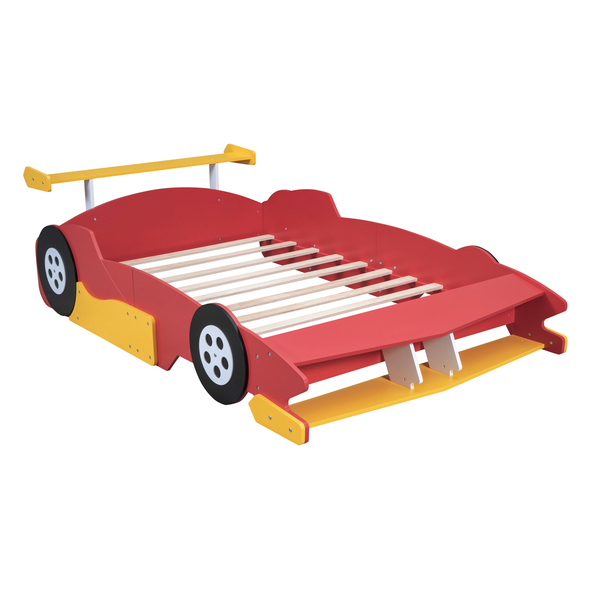 Full Size Race Car Shaped Platform Bed With Wheels,Red Red Plywood