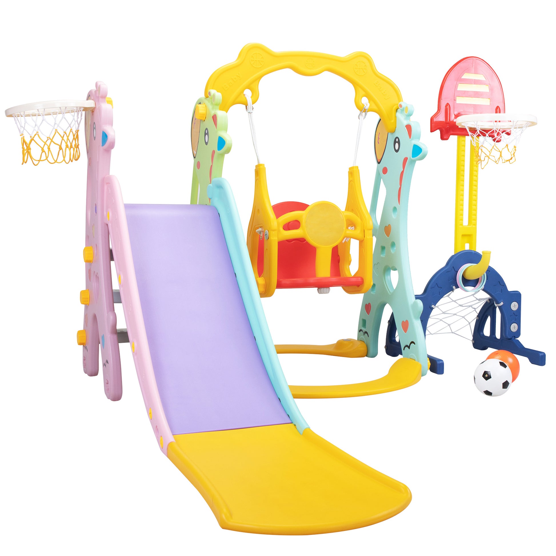 5 In 1 Slide And Swing Playing Set, Toddler Extra Long Slide With 2 Basketball Hoops, Football, Ringtoss, Indoor Outdoor Red Hdpe