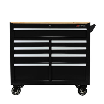 9 Drawers Multifunctional Tool Cart With Wheels And Wooden Top Black Steel