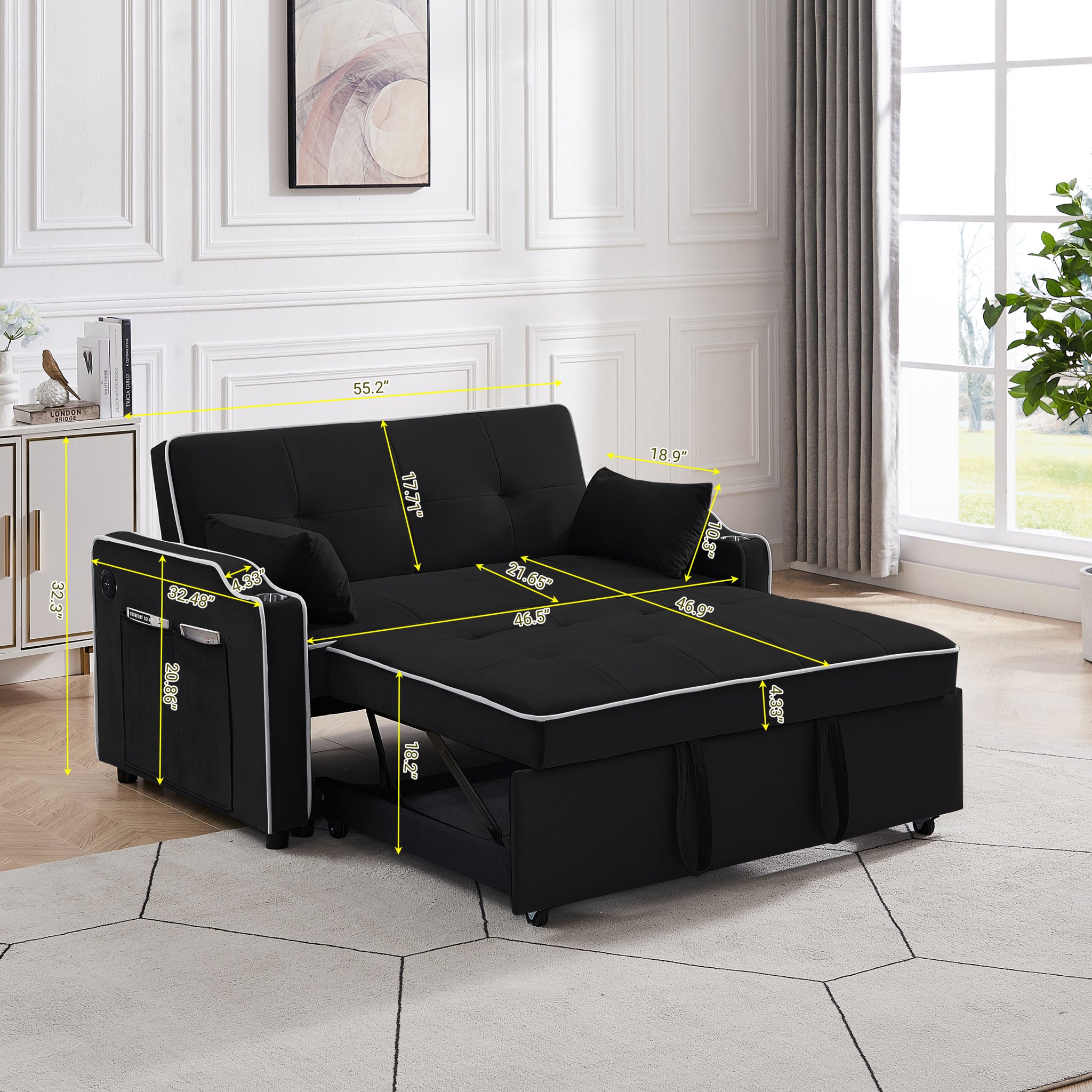 Sofa Bed, 3 in 1 Convertible Sofa Chair Bed black-velvet