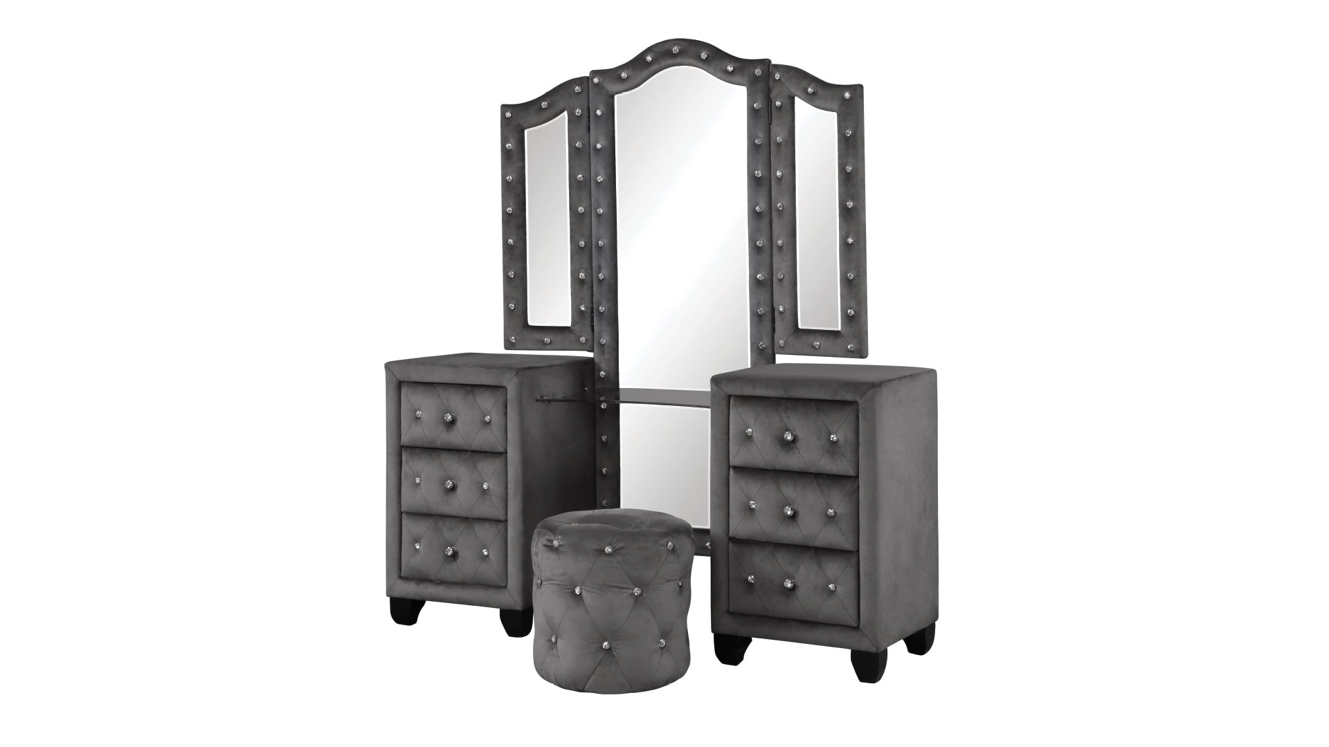 Maya Crystal Tufted Queen 4 Pc Vanity Bedroom Set Made With Wood In Gray Box Spring Not Required Queen Gray Wood 4 Piece Set Bedroom Contemporary,Modern Upholstered Velvet Tufted Wood