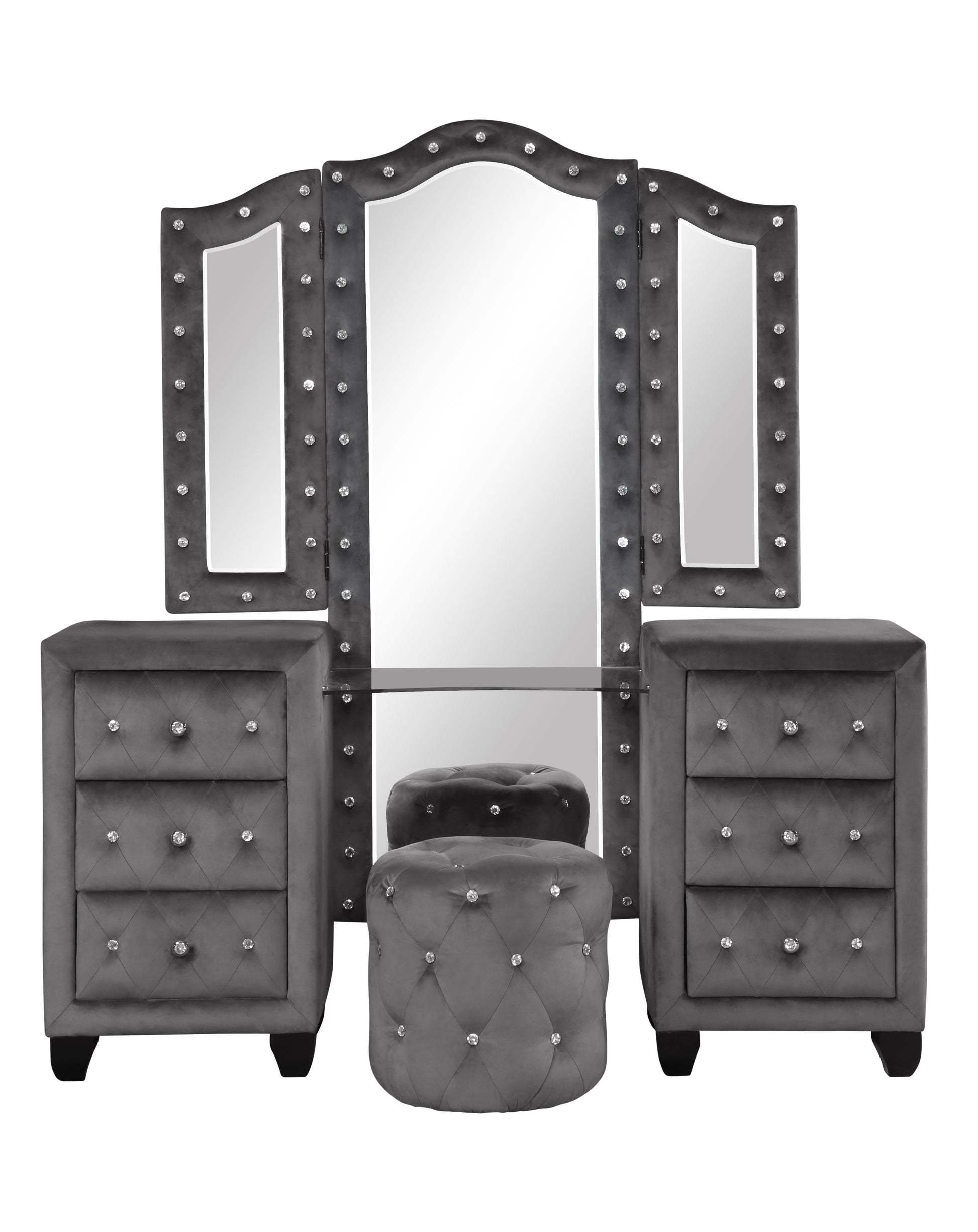 Maya Crystal Tufted Queen 4 Pc Vanity Bedroom Set Made With Wood In Gray Box Spring Not Required Queen Gray Wood 4 Piece Set Bedroom Contemporary,Modern Upholstered Velvet Tufted Wood