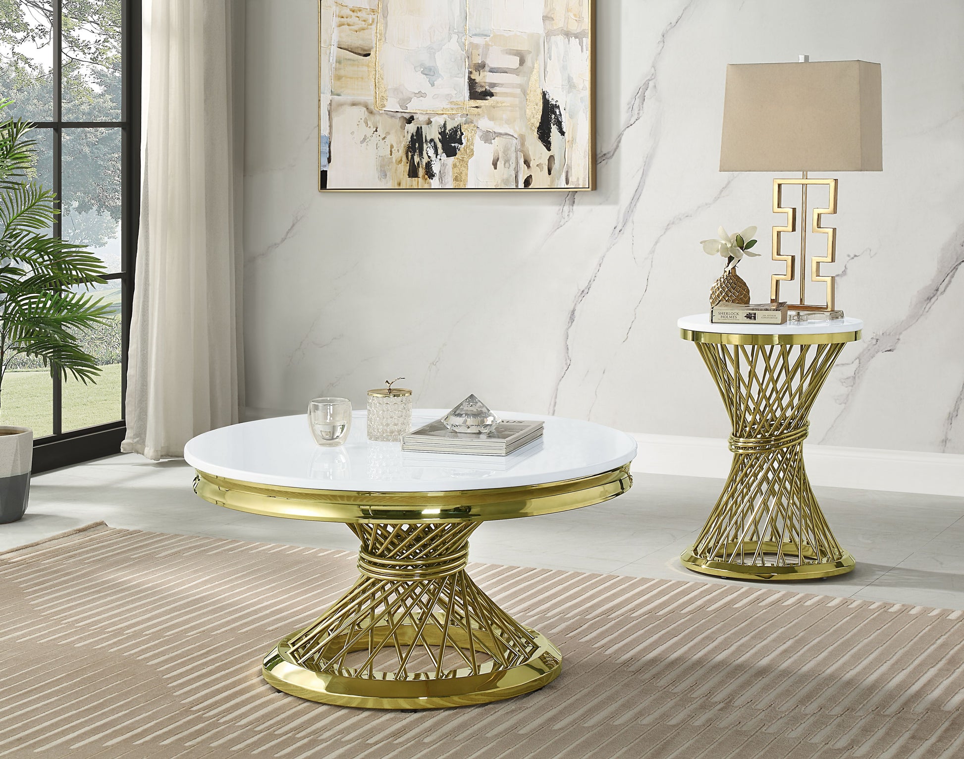 Fallon Coffee Table, Engineering Stone & Gold Finish Lv01957 White Artificial Marble