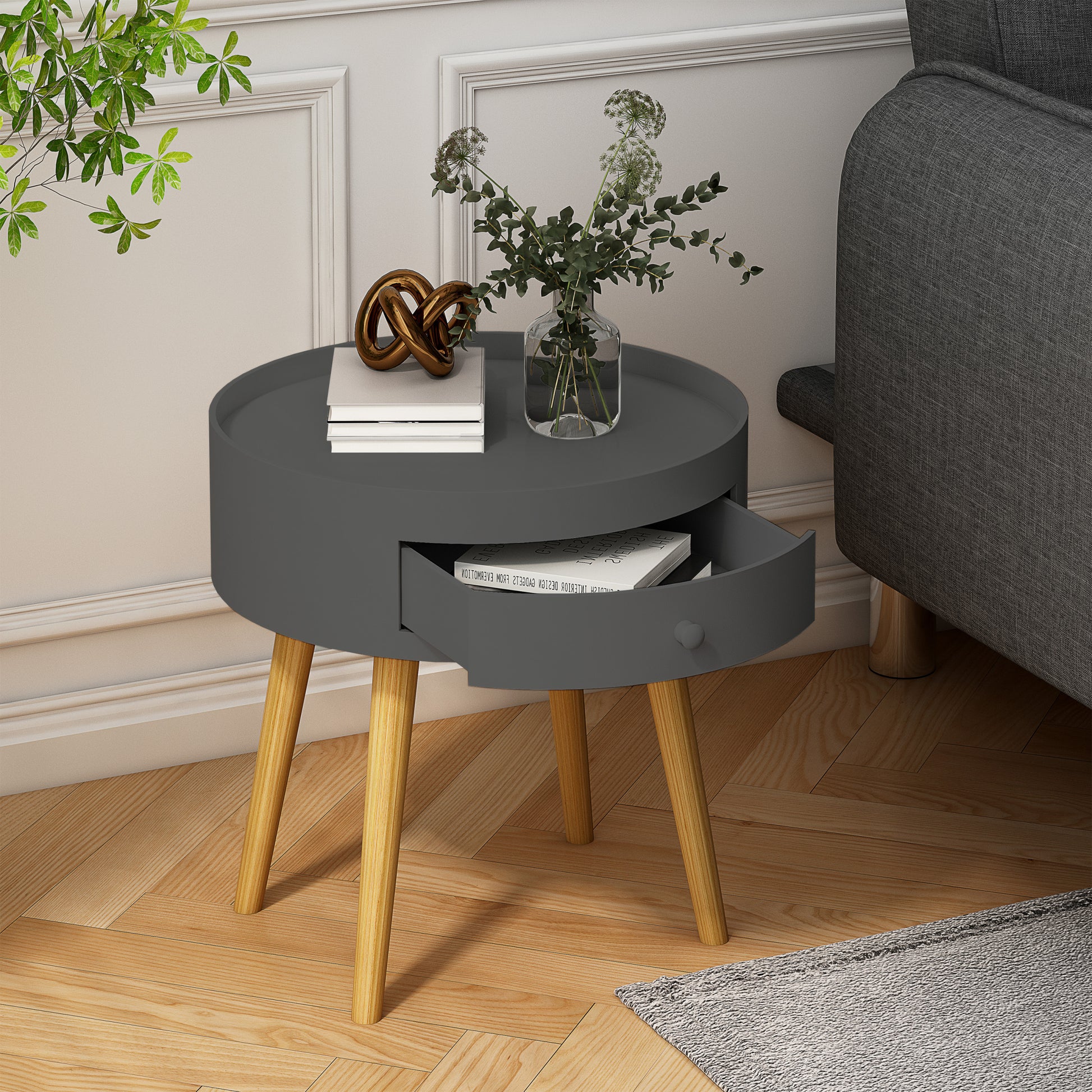 Modern Coffee Table With Drawer, Bedside Table, Sofa Side Table, Oak Table Legs, Suitable For Living Room And Bedroom,Gray Gray Mdf