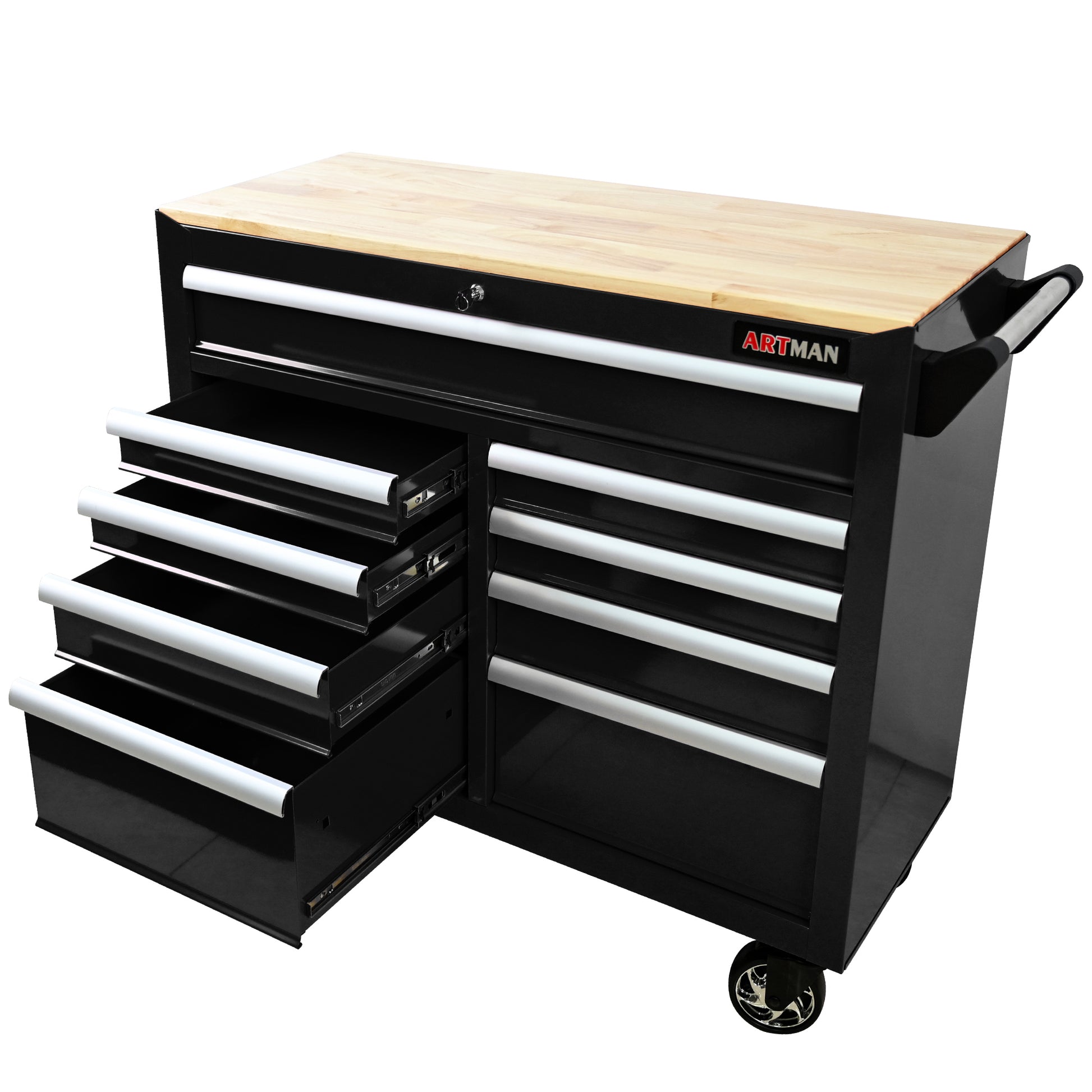 9 Drawers Multifunctional Tool Cart With Wheels And Wooden Top Black Steel