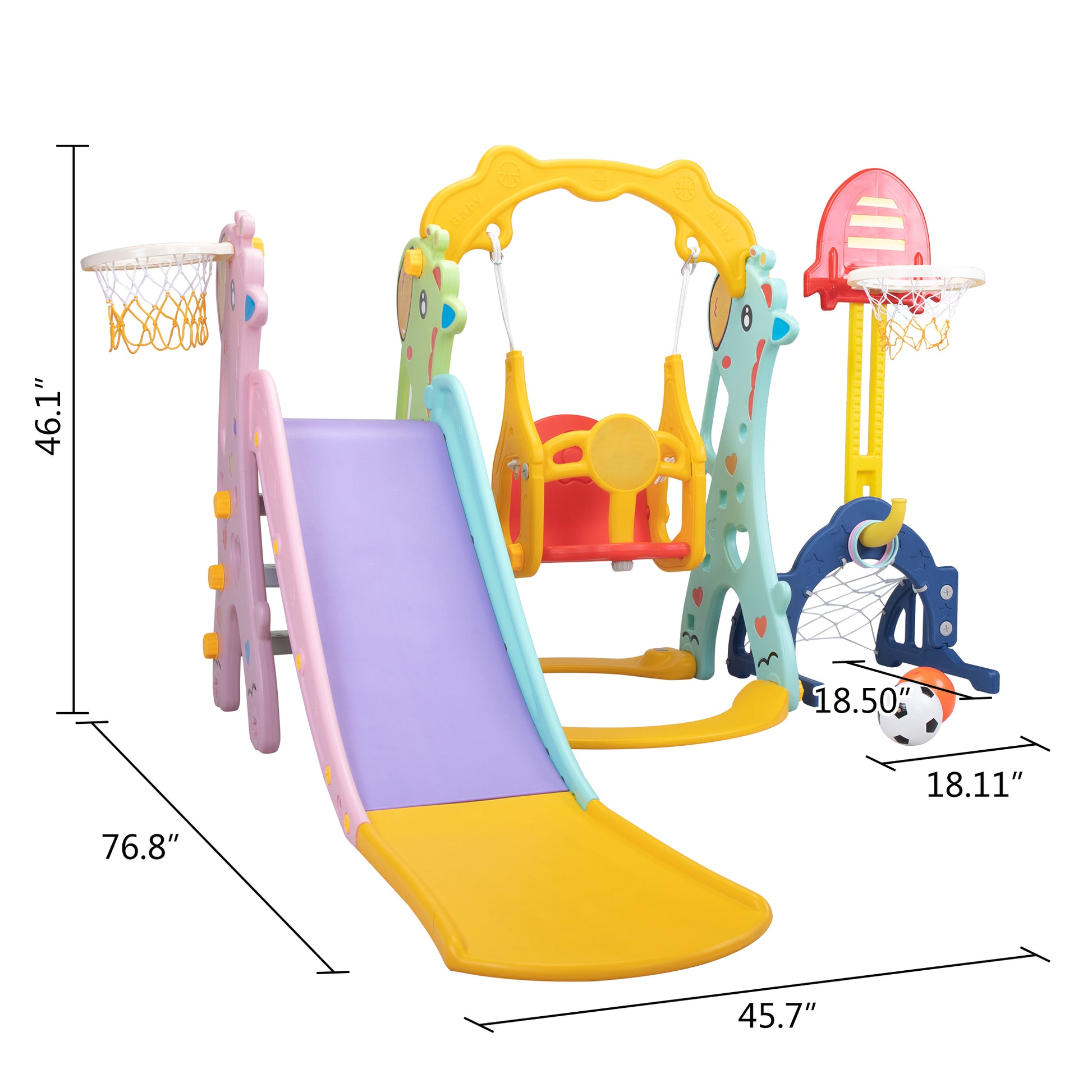 5 In 1 Slide And Swing Playing Set, Toddler Extra Long Slide With 2 Basketball Hoops, Football, Ringtoss, Indoor Outdoor Red Hdpe