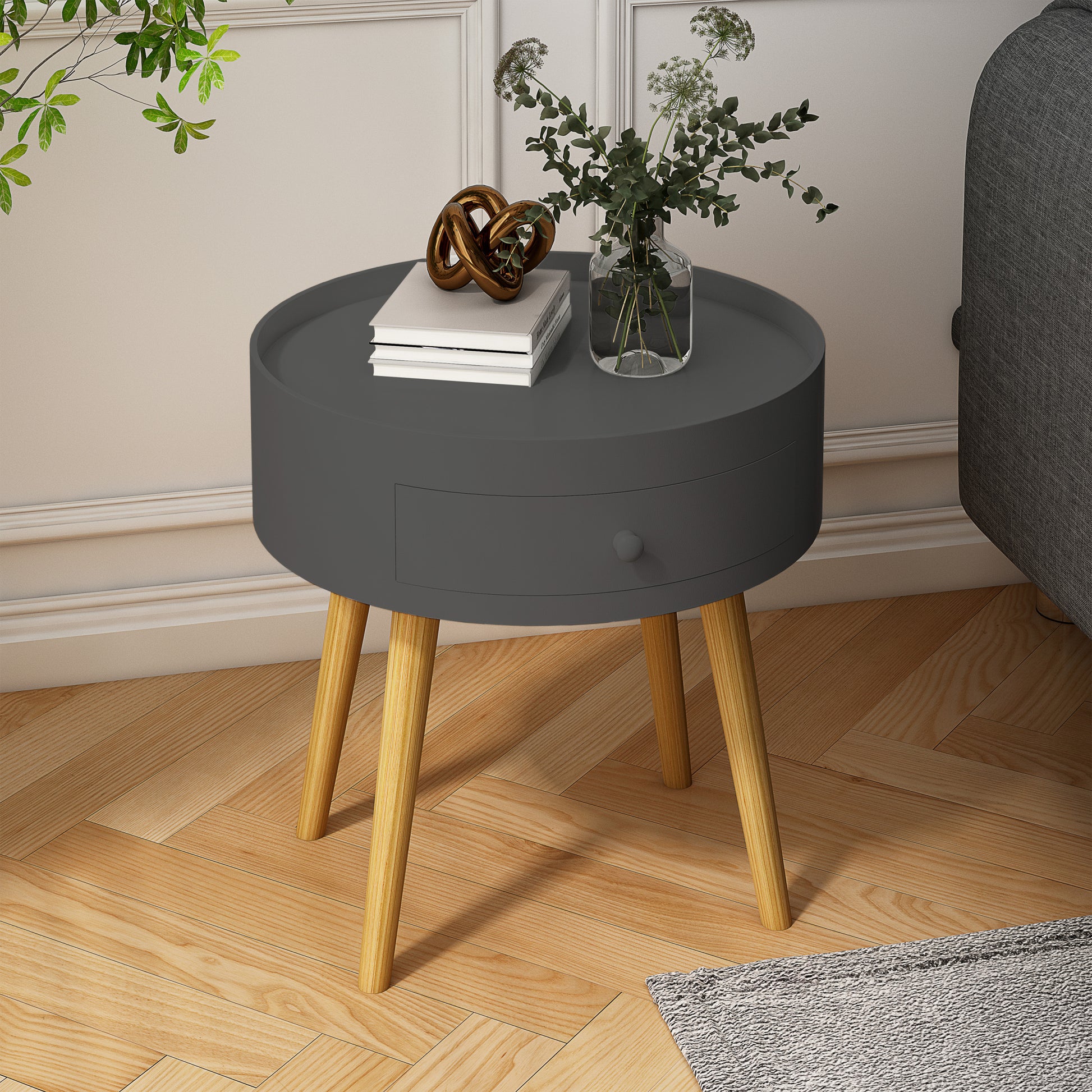 Modern Coffee Table With Drawer, Bedside Table, Sofa Side Table, Oak Table Legs, Suitable For Living Room And Bedroom,Gray Gray Mdf