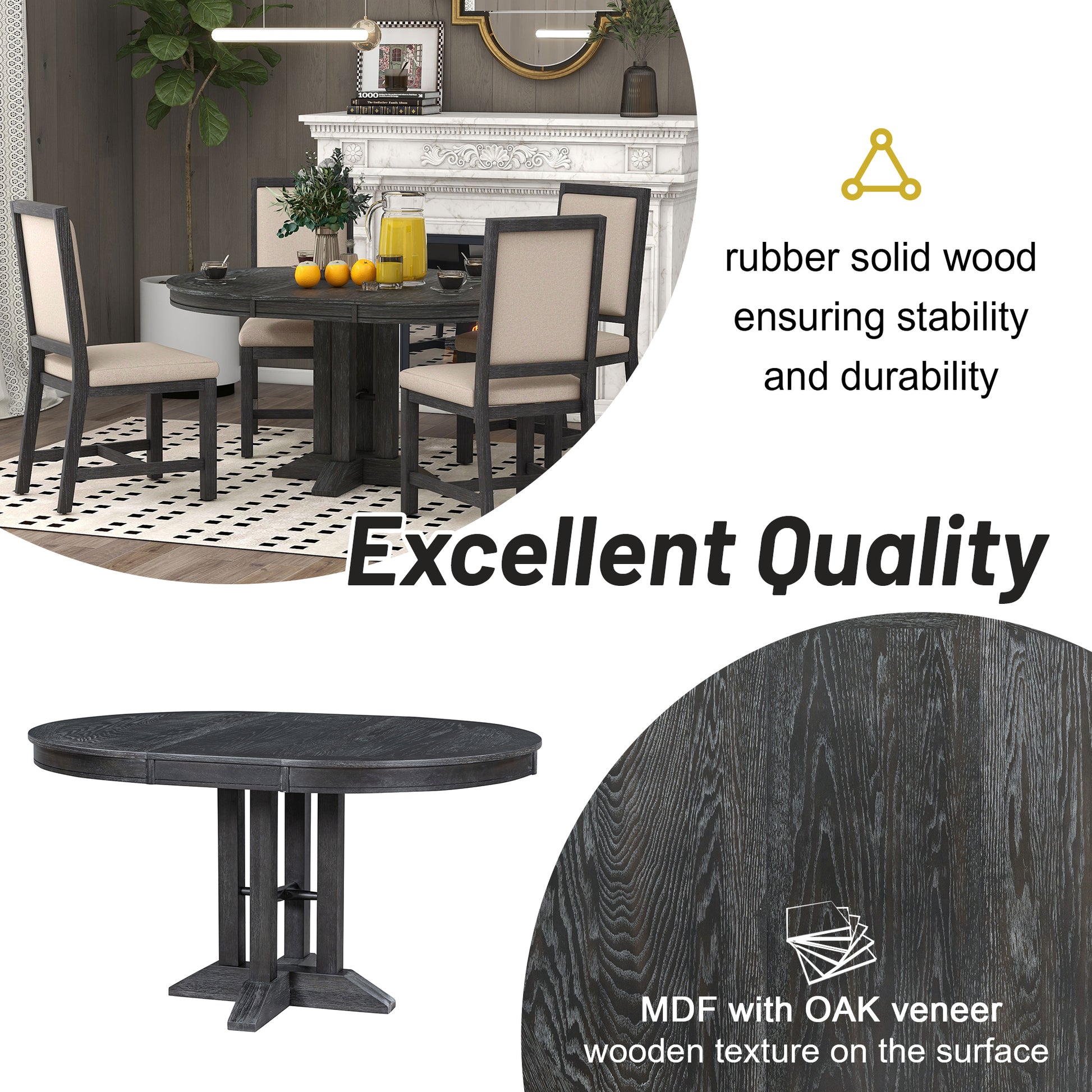 Farmhouse Dining Table Extendable Round Table For Kitchen, Dining Room Black Black Solid Wood Mdf