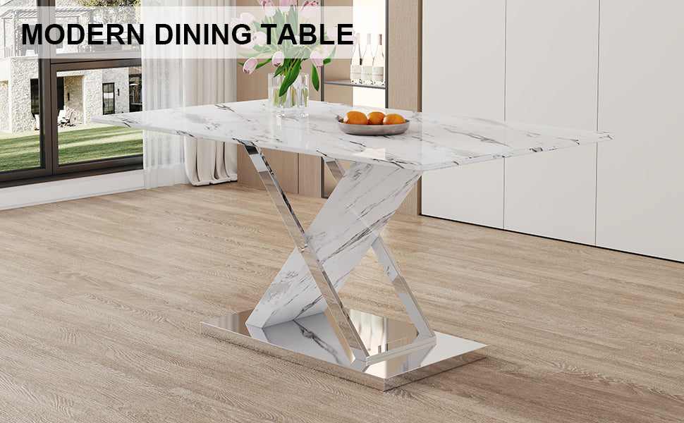 Modern White Rectangular Marble Textured Glass Dining Table And Office Desk. Equipped With Stainless Steel Base. Beautiful And Durable. 63"*37"*30" White Glass