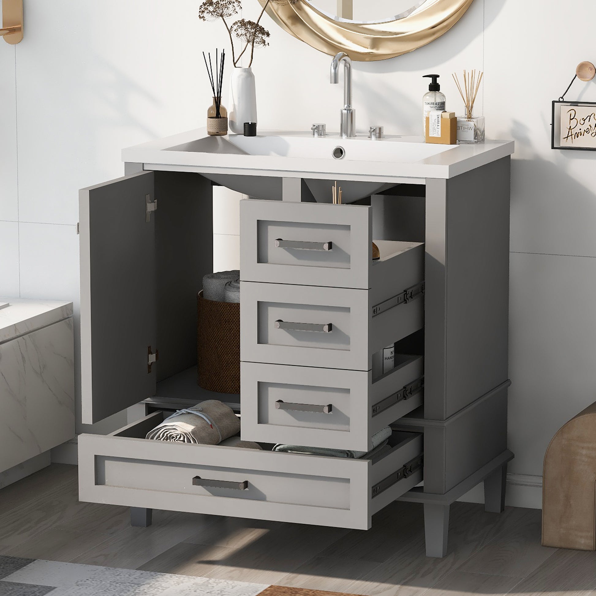 30" Bathroom Vanitymodern Bathroom Cabinet With Sink Combo Set, Bathroom Storage Cabinet With A Soft Closing Door And 3 Drawers, Solid Wood Frame Resin Basin Grey Solid Wood Mdf