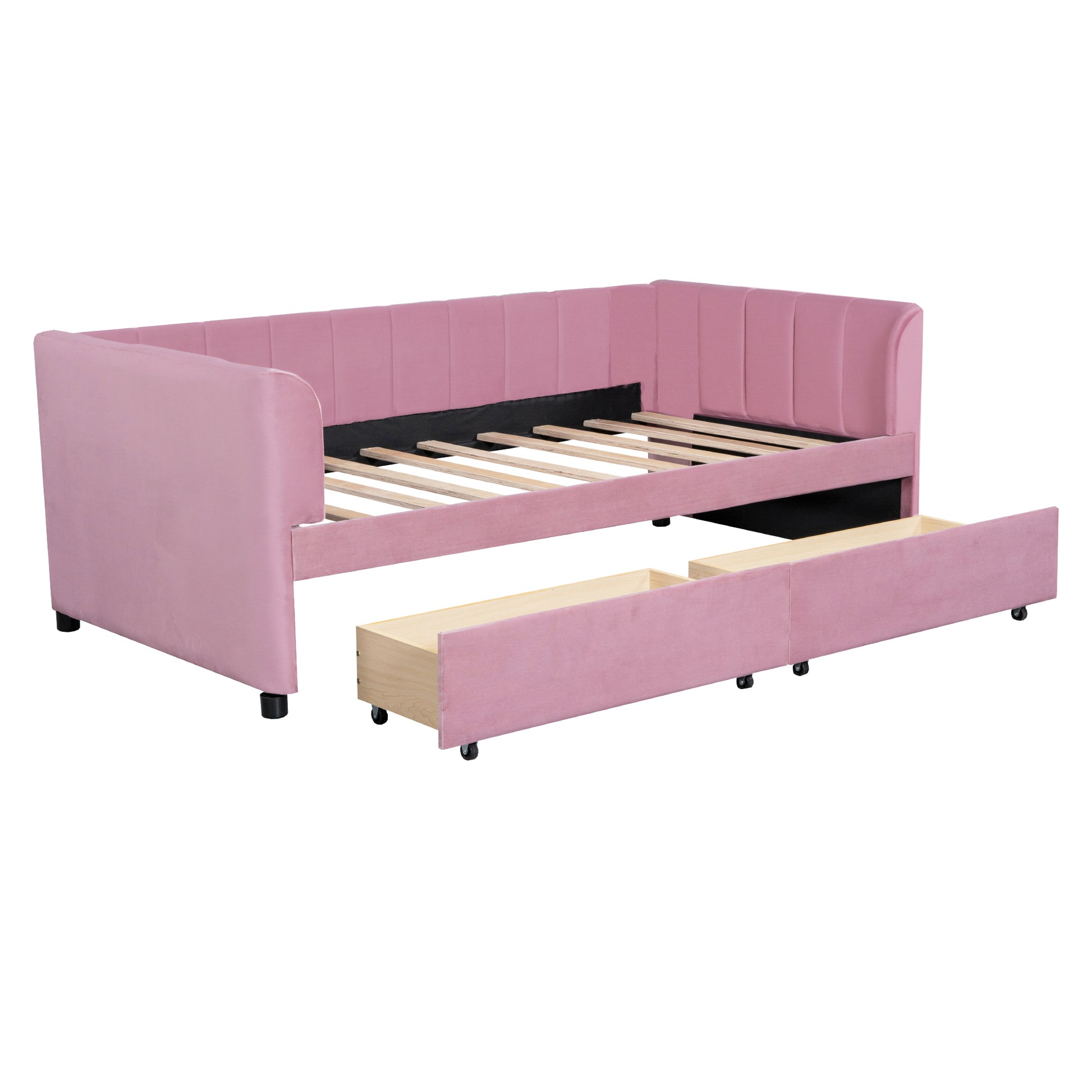 Twin Size Upholstered Daybed With Ergonomic Design Backrest And 2 Drawers, Pink Pink Velvet